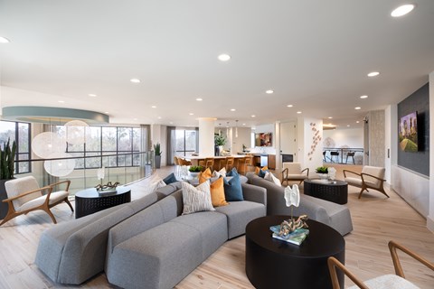 A modern living room with grey couches and wooden chairs.