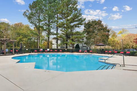 A large swimming pool surrounded by trees and a fence.