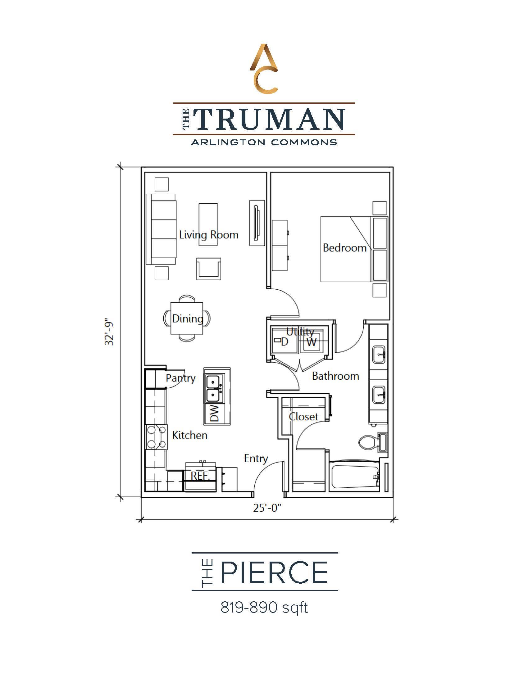 A floor plan for a home with a living room, dining room, kitchen, bathroom, and bedroom.