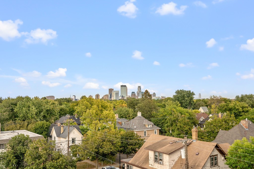 A city skyline is visible in the distance behind a row of houses.