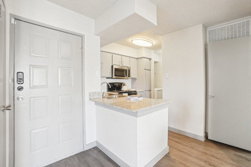 A white kitchen with a white door and a white counter.