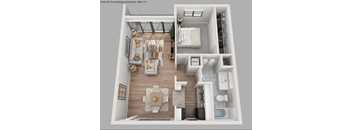 a 3d floor plan of a bedroom with a bathroom and a living room