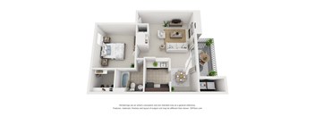 A 3D floor plan of a small apartment with a kitchen, living room, and bathroom.
