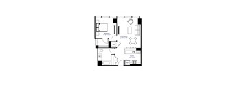 A black and white image of a floor plan for a small apartment.