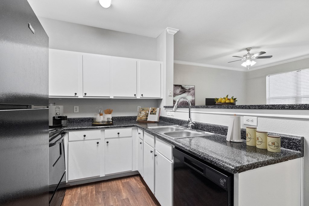the preserve at ballantyne commons apartment kitchen with granite counter tops and white cabinets