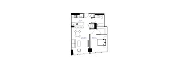 A floor plan of a small apartment with a kitchen, living room, and two bedrooms.