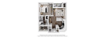 A 3D floor plan of a small apartment with a kitchen, living room, and bathroom.