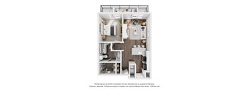 A 3D floor plan of a small apartment with a kitchen, living room, and bathroom.