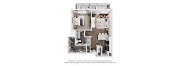 A 3D floor plan of a small apartment with a kitchen, living room, and bathroom.