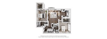 A 3D floor plan of a small apartment with a kitchen, living room, and bathroom.