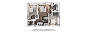 A 3D floor plan of a small apartment with a kitchen, living room, and bathroom.
