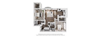 A 3D floor plan of a house with a kitchen, living room, and bathroom.