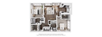 A 3D floor plan of a small apartment with a kitchen, living room, and bathroom.