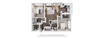 A 3D floor plan of a small apartment with a kitchen, living room, and bathroom.