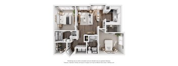 A 3D rendering of a modern bathroom with a toilet, sink, and shower.