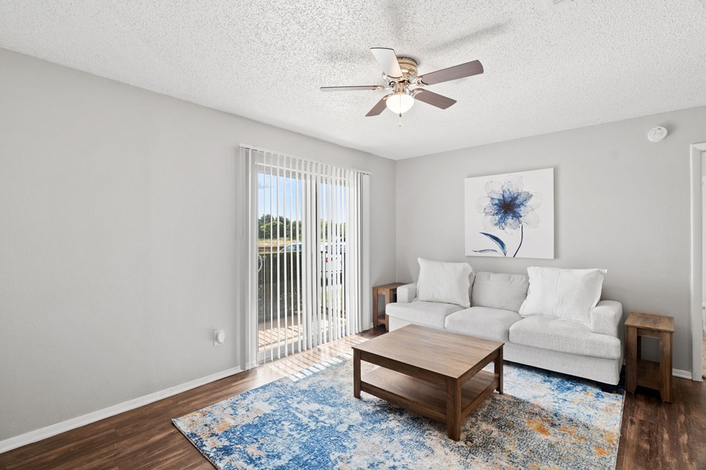 A living room with a white couch and a blue rug.