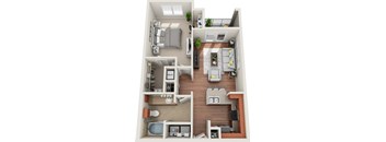 A 3D floor plan of a small apartment with a kitchen, living room, and bathroom.