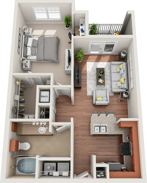 A 3D floor plan of a small apartment with a kitchen, living room, and bathroom.