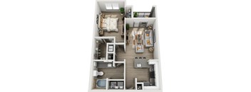 A top-down view of a small apartment with a bedroom, living room, kitchen, and bathroom.