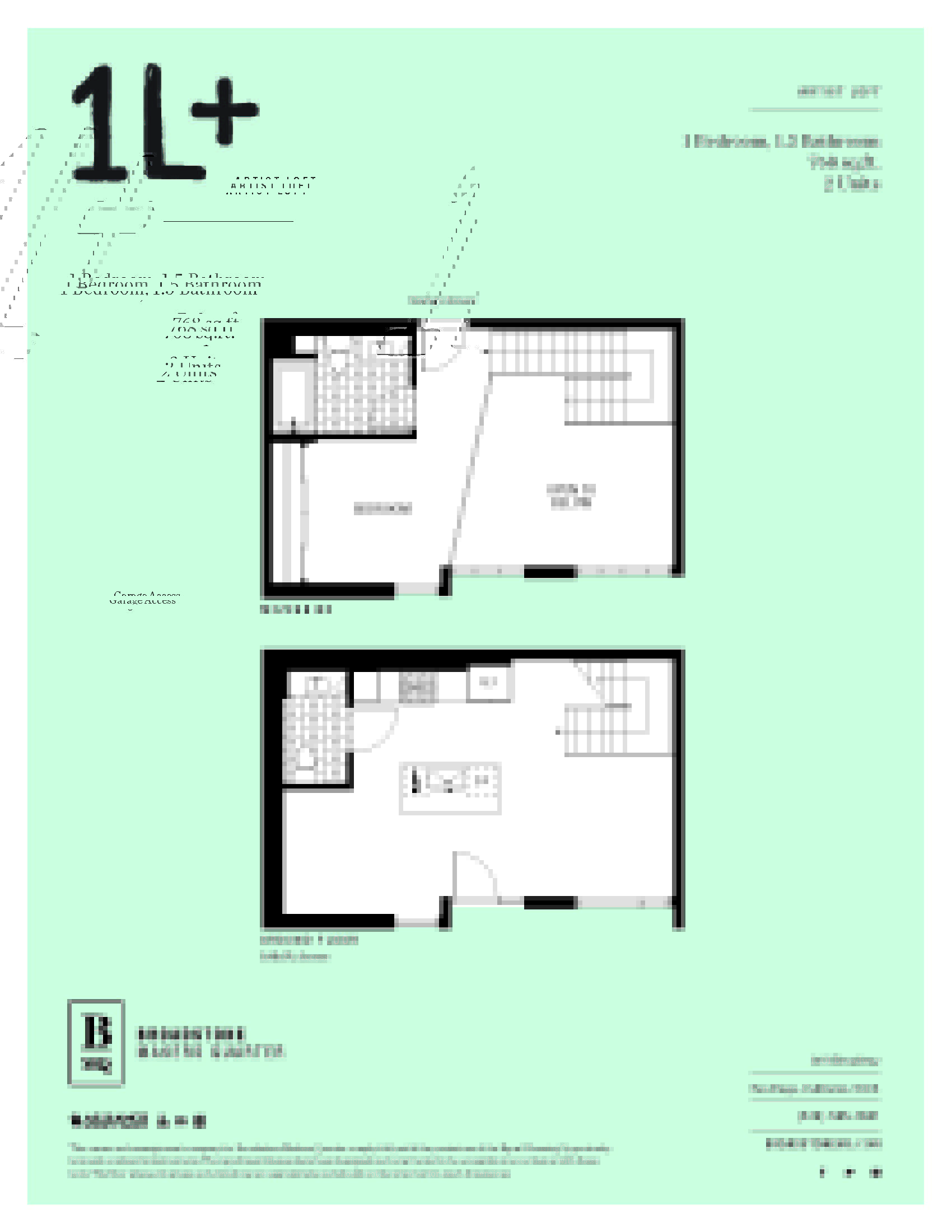 A floor plan for a 1 bedroom, 1.5 bathroom apartment sized at 768 square feet.