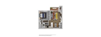 A floor plan of a furnished apartment with a living room, kitchen, and bedroom.