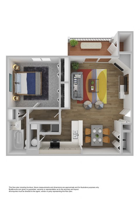 A floor plan of a furnished apartment with a living room, kitchen, and bedroom.