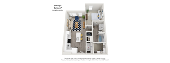 a stylized floor plan of a one bedroomapartment