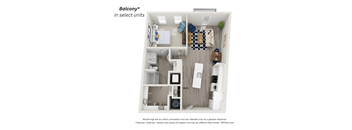 A 3D floor plan of a balcony in select units.