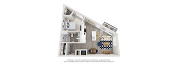 A 3D floor plan of a small apartment with a kitchen, living room, and bathroom.