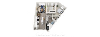 A 3D floor plan of a small apartment with a kitchen, living room, and bathroom.