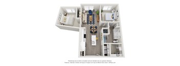 A 3D floor plan of a house with a kitchen, living room, dining room, and two bedrooms.