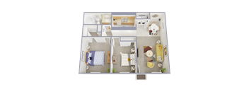 A floor plan of a house with a kitchen, living room, and two bedrooms.