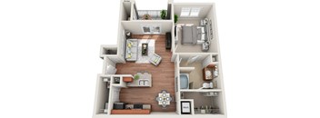 A 3D floor plan of a small apartment with a living room, kitchen, and bedroom.