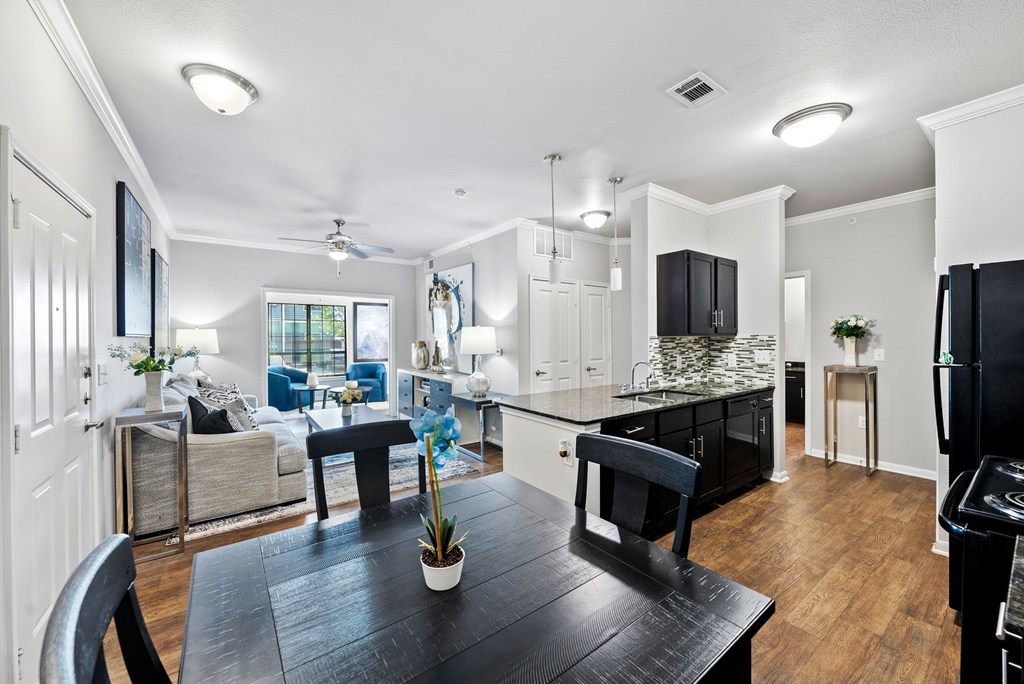A black table with a plant on it sits in the middle of a white room.