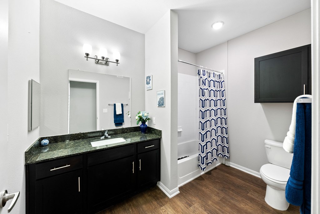 A bathroom with a sink, mirror, toilet, and shower.