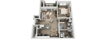 A 3D floor plan of a small apartment with a bedroom, living room, kitchen, and bathroom.