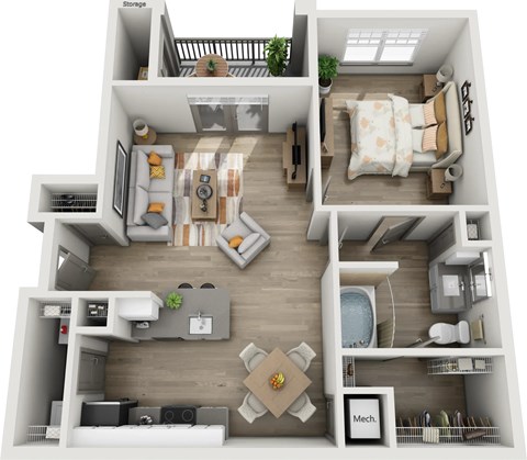 A 3D floor plan of a small apartment with a bedroom, living room, kitchen, and bathroom.