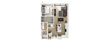 A top-down view of a modern apartment layout.
