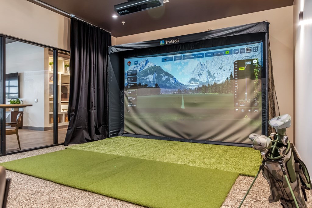 A room with a large screen and a green carpet.