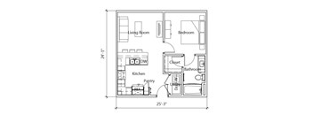 A floor plan of a small apartment with a living room, kitchen, pantry, bathroom, and bedroom.