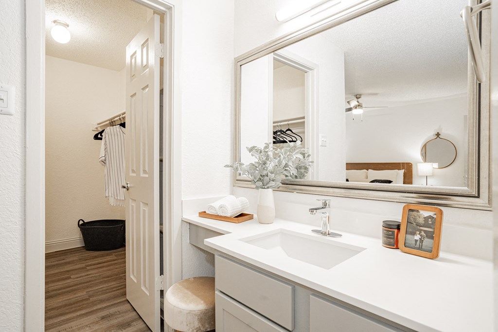 a bathroom with a large mirror and a sink