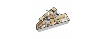 the upper floor of a small house with a bathroom and a living room