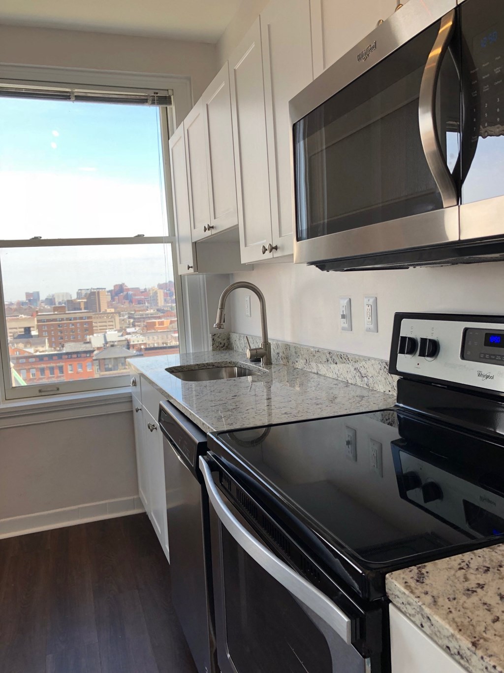 A kitchen with a stove, microwave, and dishwasher.