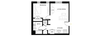 a floor plan of a studio apartment with a bedroom and a living room