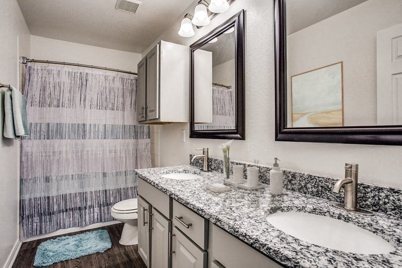 a bathroom with two sinks and a shower and a toilet