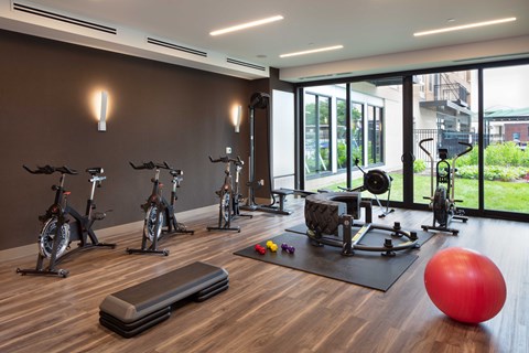 A gym with exercise equipment and a red ball.