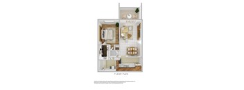 A floor plan of a small apartment with a living room, kitchen, and bathroom.