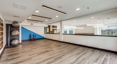 A spacious room with wooden flooring and a blue accent wall.