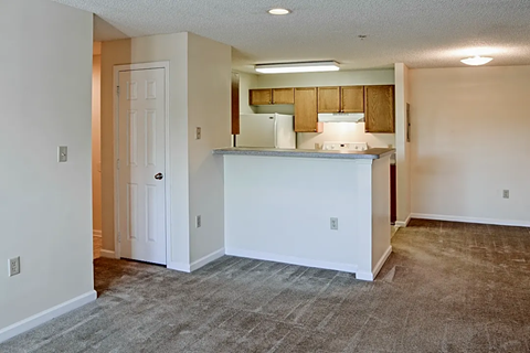 A kitchen area with a white counter and cabinets.