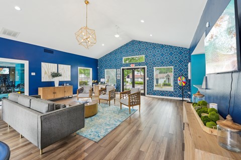 A living room with a grey couch and a blue wallpaper.